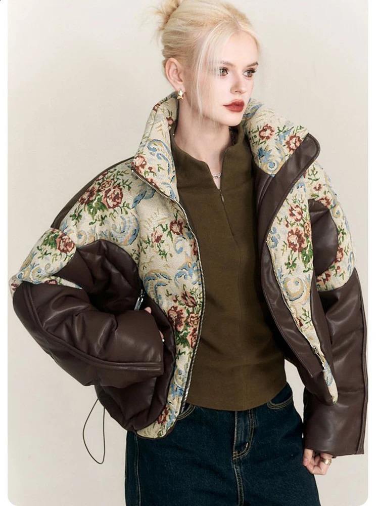 Winter Vintage Coat Womens Winter PU leather Parka Waterproof Embroidered Jacquard Jacket down Thick Warm Outerwear 240918