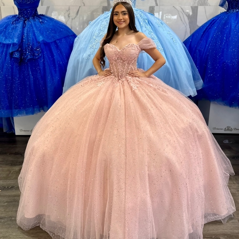 Pink Shiny Princess Quinceanera Dresses Ball Gown Off The Shoulder Lace Beads Tull Corset Sweet 16 Dress Vestidos 15 De XV Anos