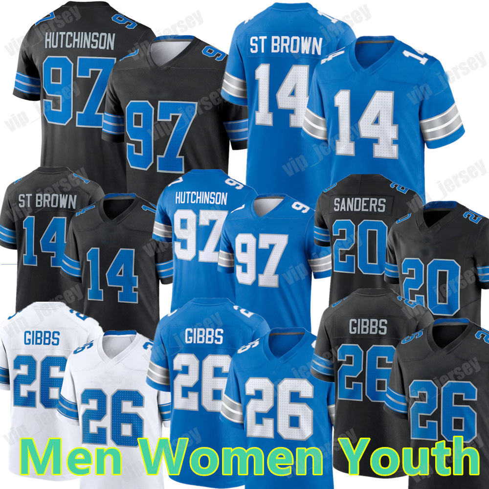 Custom 14 Amon-Ra St. Brown 97 Aidan Hutchinson Football Jersey 26 Jahmyr Gibbs Sam LaPorta 46 Jack Campbell 16 Jared Goff 5 David Montgomery 89 Dan Campbell
