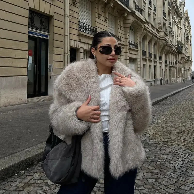Old Money 2024 Winter Faux Coat Women Big Lapel Collar Iconic Vibe Fuzzy Fox Fur Jacket Grey Gradient Fashion Parka Outwear