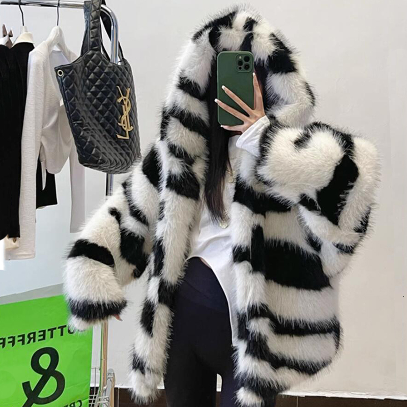 Oversized Hooded Fox Overcoat Women Baggy Faux Fur Jacket Thick Coat Warm Outwear For Girls Y2k Cool Street Winter