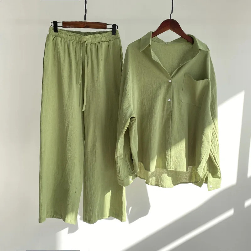 Autumn Womens Casual Cotton Linen Shirt Set Drawstring Elastic Waist Wide Leg Pants And Thin Long Sleeve Blouses Top Solid Set 240926