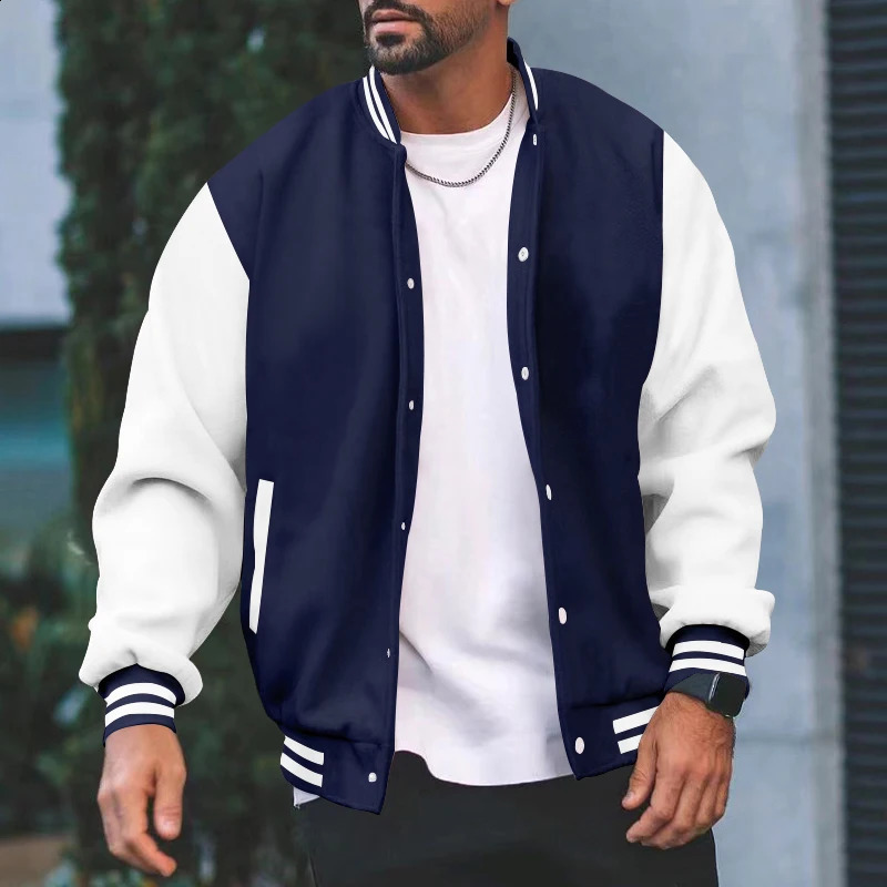 European and American mens fashionable street standing collar colorful block baseball suit casual sports jacket 240926