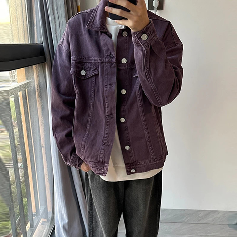 Mens retro washed purple denim jacket street clothing item pocket button up shirt jacket retro fashion M-3XL 240926