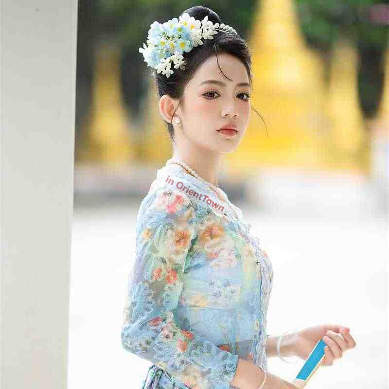 Singapore Little Nyonya Same Style Clothing Women Blue Floral Ethnic Travel Photography Dress Southeast Asian Trend Dai Top + Dress