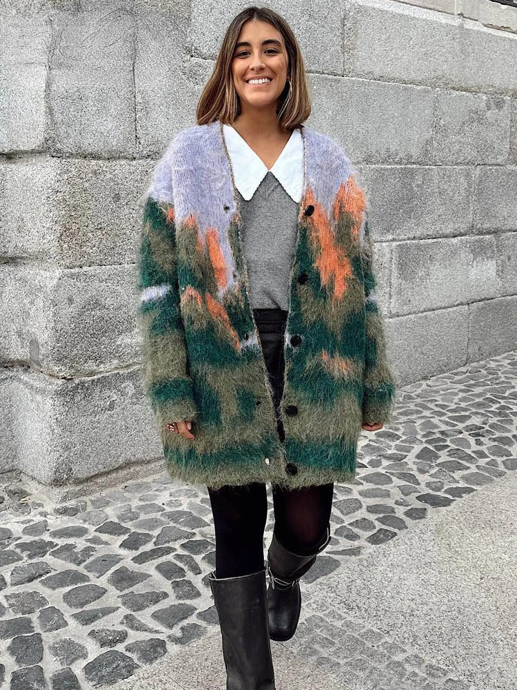 ZBZA Knitted Printed Cardigan Loose Colorful Vneck Vintage Landscape Pattern Single Breasted Sweater Autumn Female Chic Outwear 240919