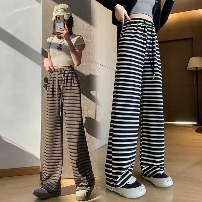 Striped casual wide for women in the summer of 2024, high waisted, loose and fashionable Korean version, trend slimming straight leg floor length pant