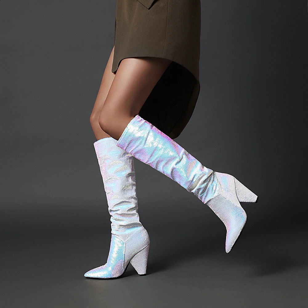 Slouch Wrinkle Women Boots Colorful Pointed Toe Thick Heels Folds Boots Woman Fashion Bling Leather Knee High Boots Winter Shoes 240921