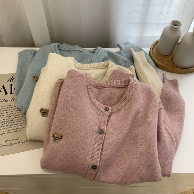 Embroidered Puppy Round Neck Knit Cardigan Women Korean Fashion Solid Color Soft Sweater Autumn Winter New Lady Knitwear
