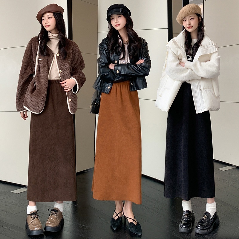 Miladega Velvet Half length for Women in Autumn and Winter, Thickened High Waist Show off Weight, Knitted Hip Wrap Skirt, Medium to Long, Rear Split L