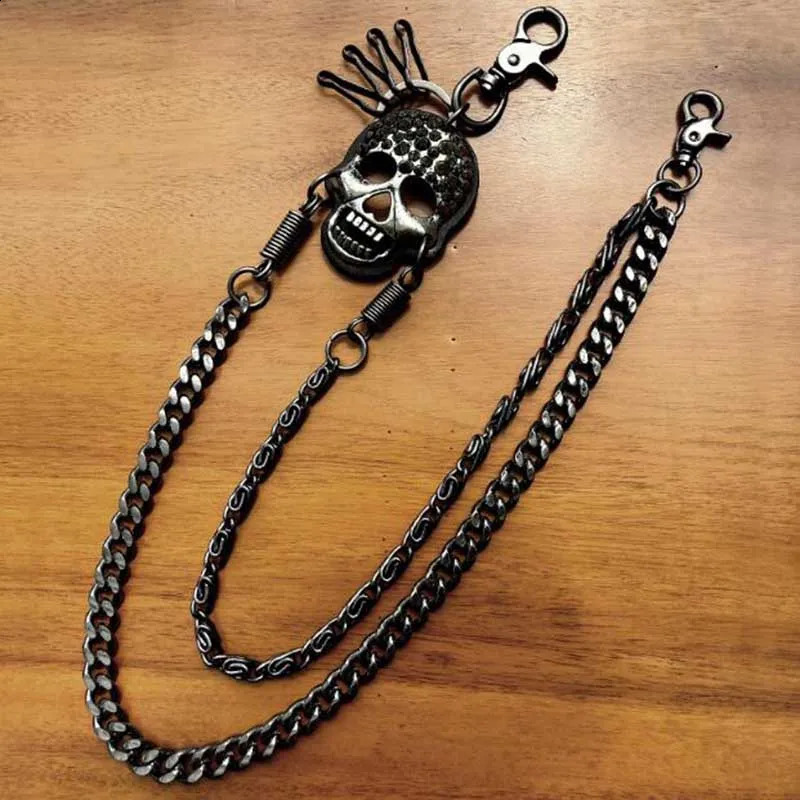 Trendy Rock Mens Skeleton Ghost Head Metal Chain Hip Hop Punk Jeans Pants Trouser Waist Chain Double Chain Bicycle Keychain Prop 240924