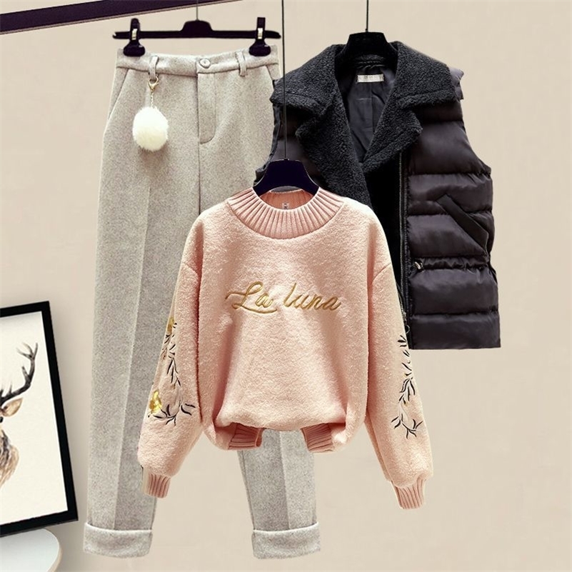Thickened Cotton Jacket Vest Knitted Long Sleeved Sweater Pullover Woolen Pants Three Piece Elegant Womens Set y240925
