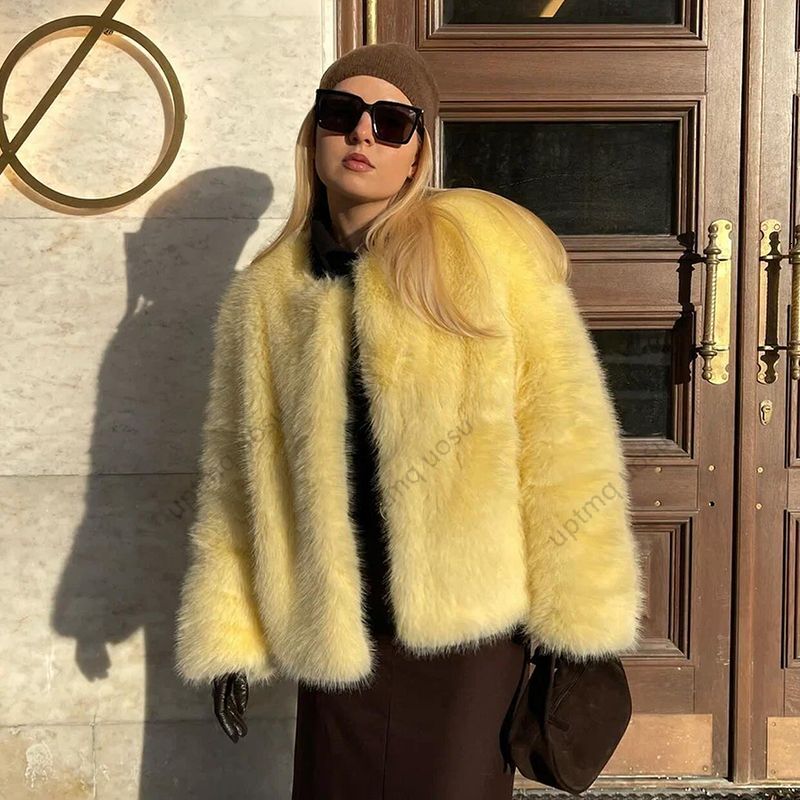 Short Yellow Fox Faux Fur Jacket Winter Coat Women Thick Warm Cozy Fuzzy Vibe Streetwear Stunning Iconic Fashion Parka Outwear