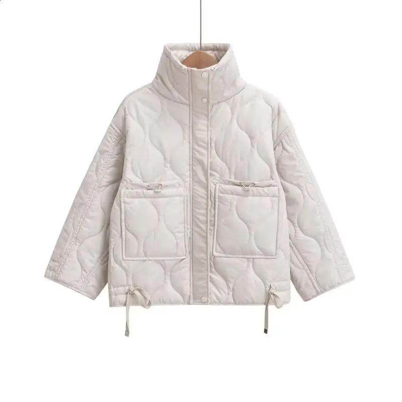 autumn womens fashion pocket decoration loose long sleeved stand collar diamond grid cotton jacket short jacket 240914
