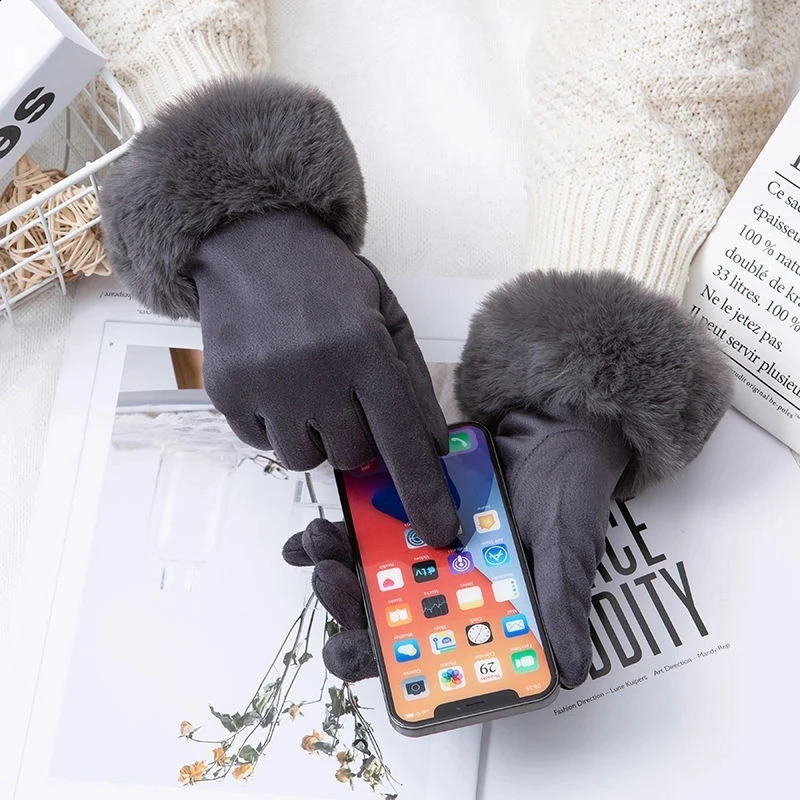 Korean Suede Leather Sports Cycling Warm Gloves Womens Winter Plus Velvet Thicken Full Finger Touch Screen Driving Mittens H92 240914