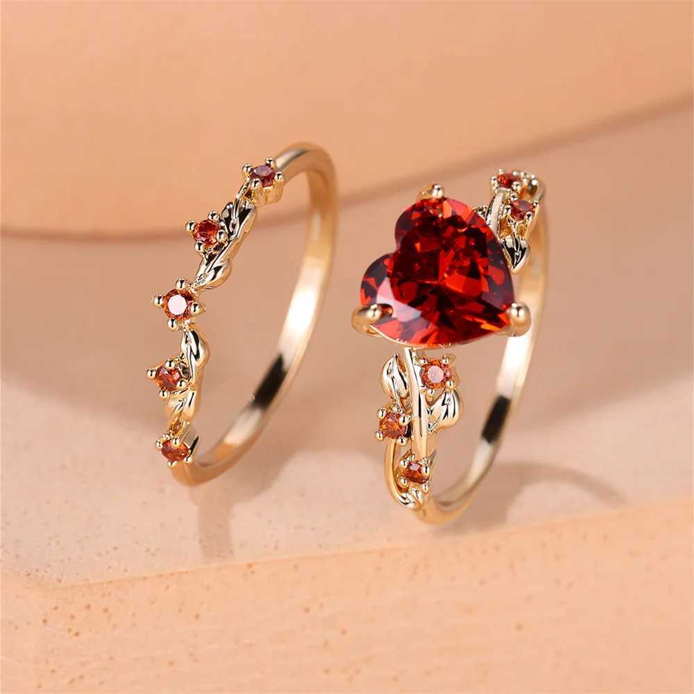 Royal Blue Green Black Redstone Heart Ring Set suitable for women roses gold white zircon wedding bands Mothers Day jewelryXJ250412