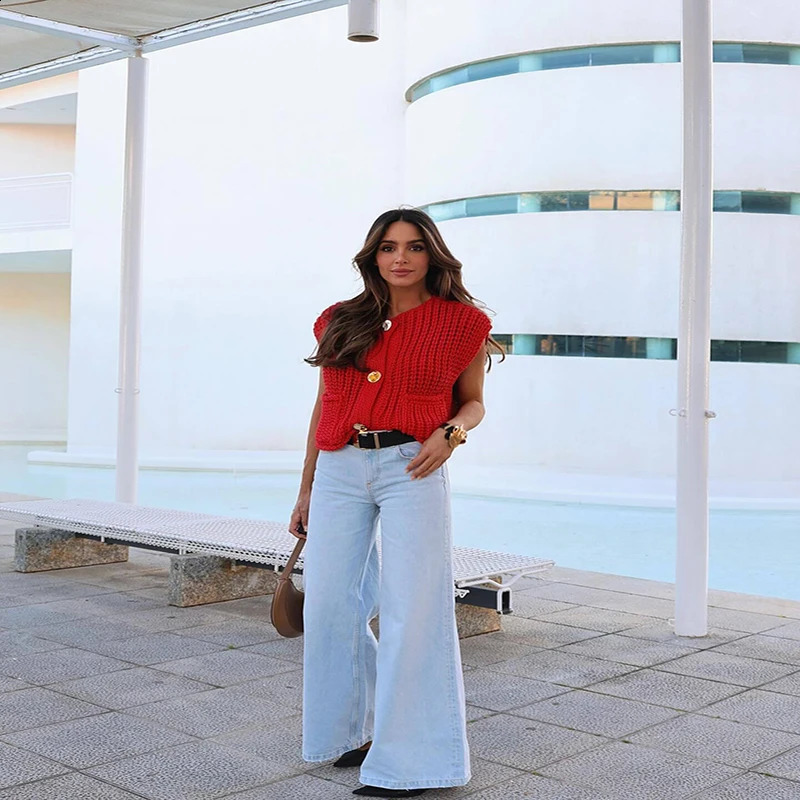 Casual Solid Knitted Cropped Top Women Single Breasted ONeck Sleeveless Sweater Vest Cardigans 2024 Female Summer Street Tops 240919