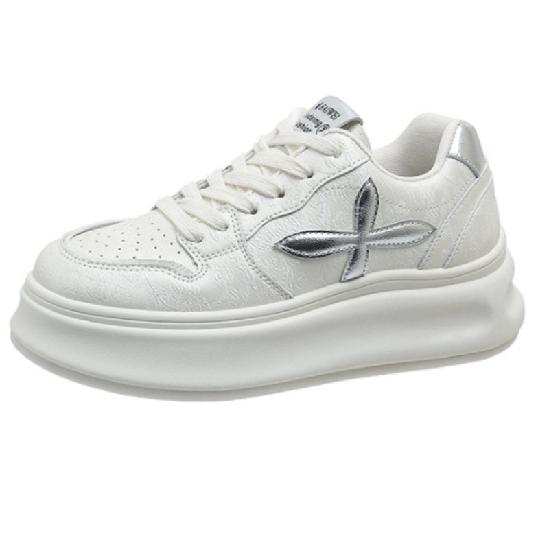 Ddmybear Soft Leather Thick White For Women Spring Cross Flower Versatile Round Sponge Sole Small Height Increasing Casual Board Shoes Chinese Brand S