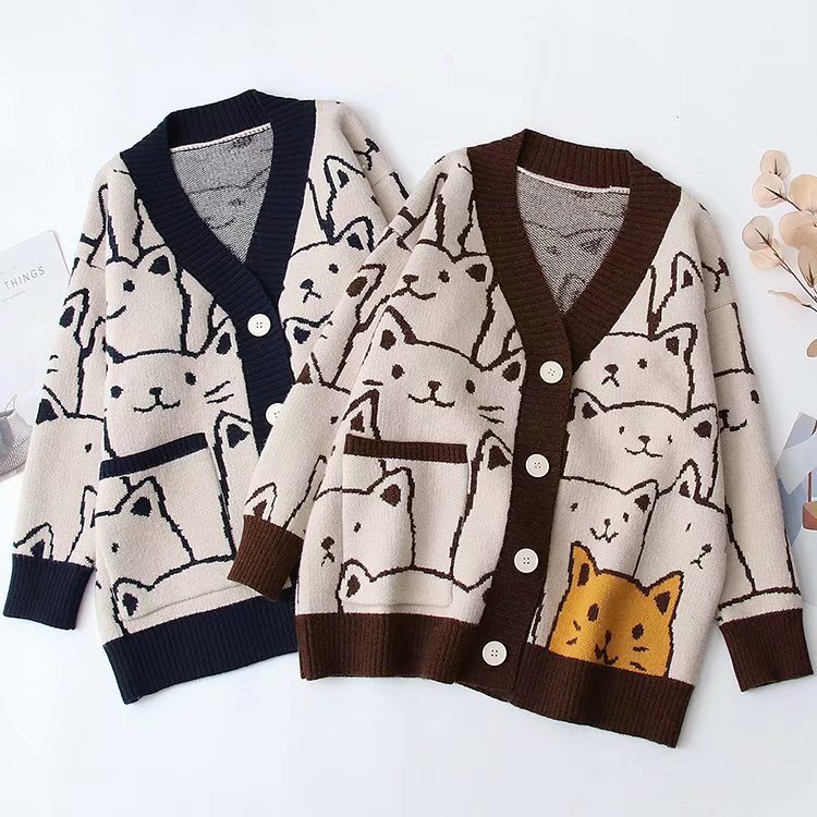 Designer women's clothing autumn and winter loose cardigan women's 2024 V-neck cartoon pattern cute sweet sweater casual knitwear