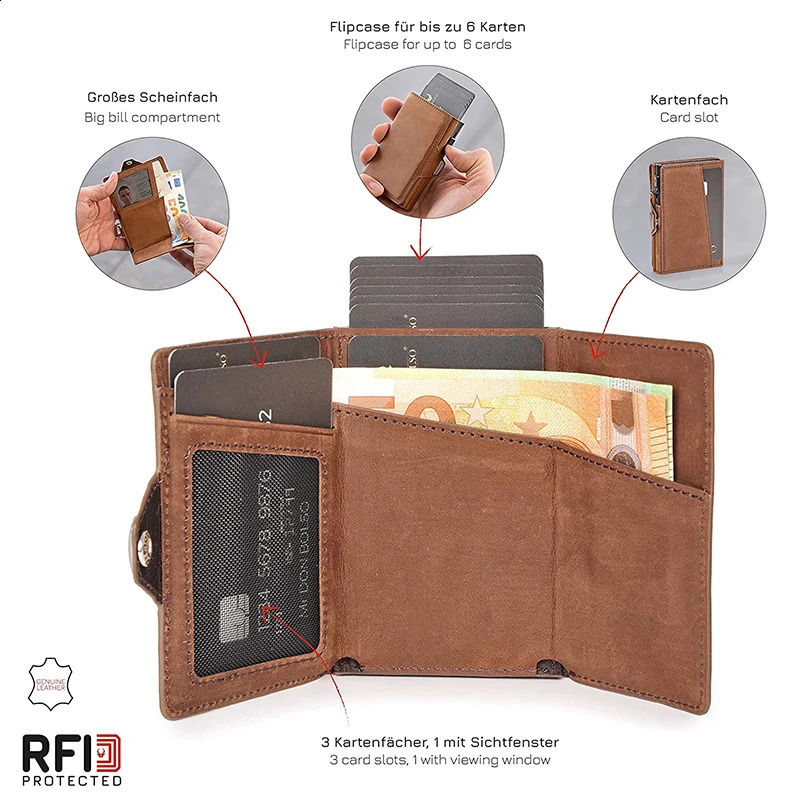 Pop-Up Credit Card Case RFID Protection Genuine Leather Wallet with Compartment Notes Coins for Men and Women 240924 4