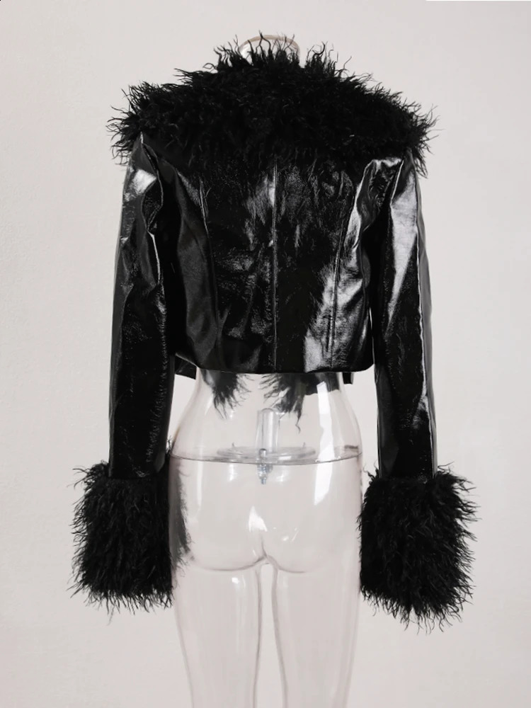 DEAT Fashion Womens Short Coat Flip Collar Simulated Sheepskin Gloss Patent Leather Patch Work Short Thin Coat Spring 11X6155 240923