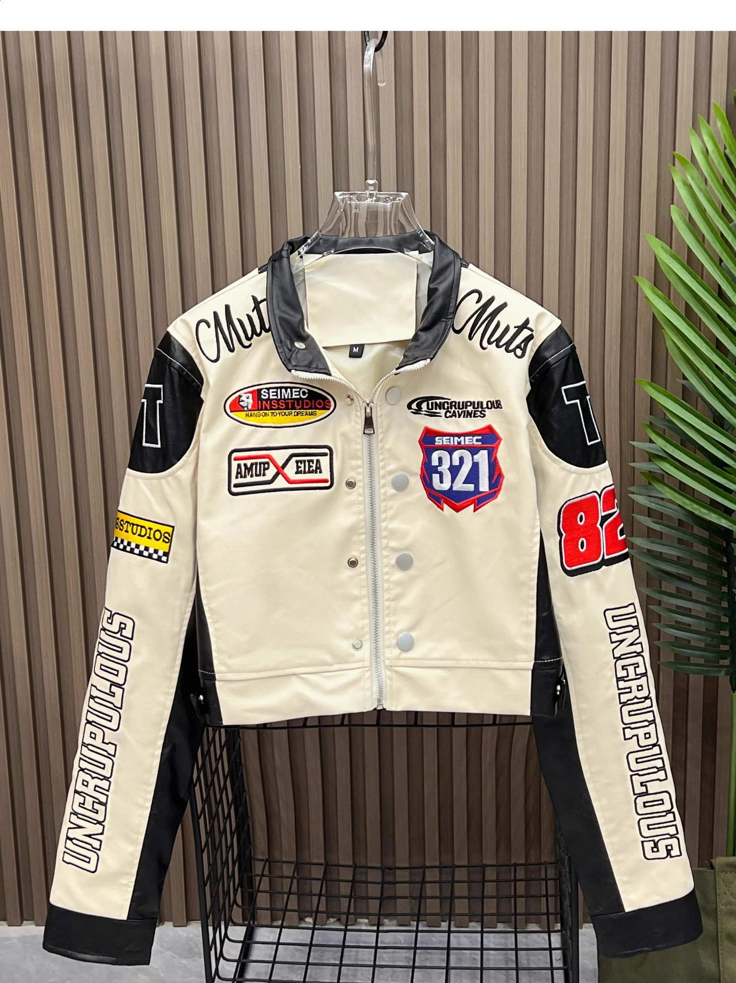 American retro letter embroidered motorcycle cut jacket womens PU leather street style racing baseball short jacket 240926
