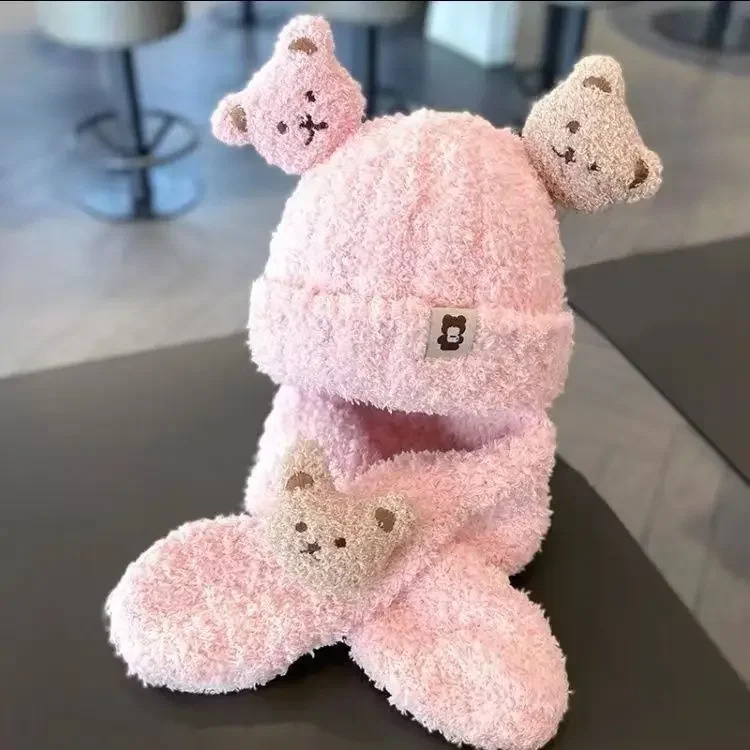 Childrens winter bear hat scarf set childrens earmuffs shawl warm wool bag baby girl boy neck 240925