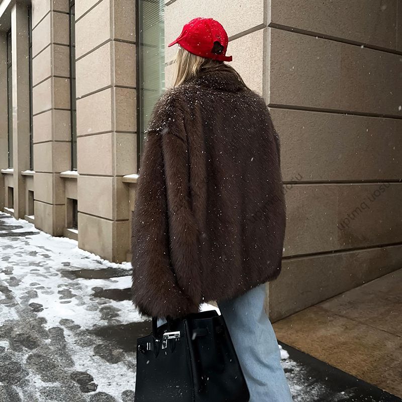 Brown Lapel Collar Warm Winter Cozy Coat Furry Faux Fur Jacket 2024 Fashion Vintage Iconic Vibe Outfit Fluffy Streetwear