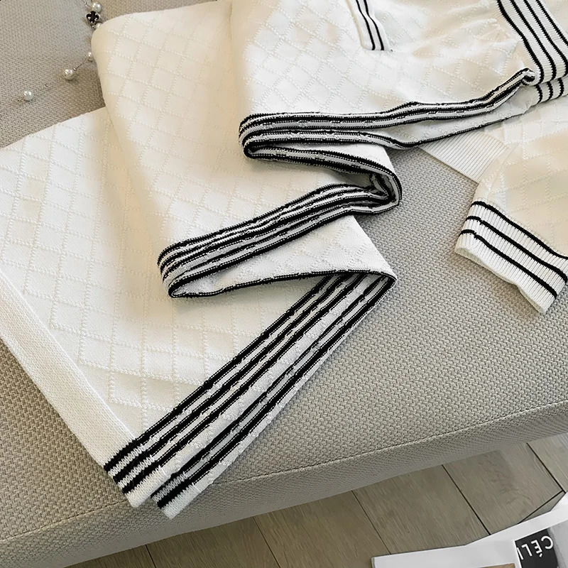 Women Knitted 2 Piece Suit Sweater cardigan Top And Pant Two Set Matching Outfit Stripe Elegant Chic Winter Clothing 240925