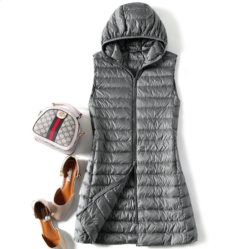 Womens ultra light white duck down vest ultra-thin sleeveless hooded jacket autumn womens long waist coat cushioning suit Parkas top 4XL 240925