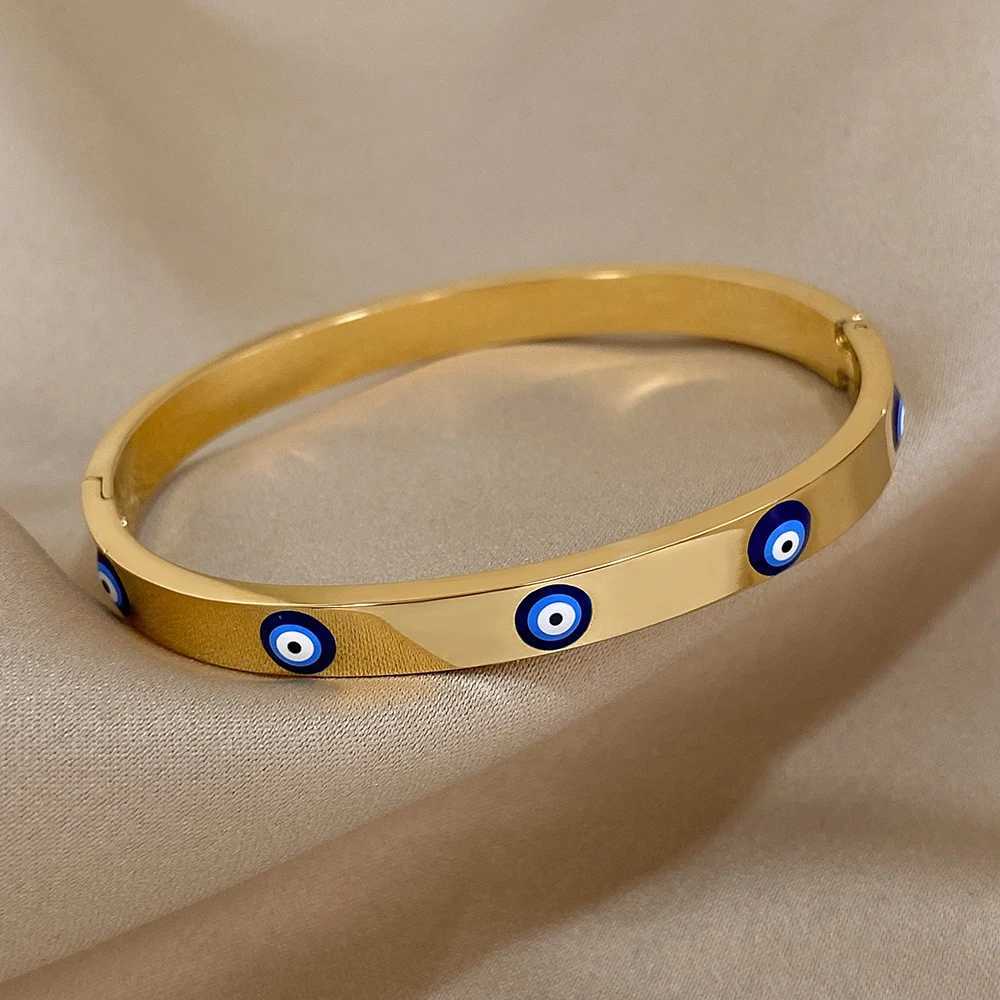 Dodohao Boho Blue Human Evil Eye Stainless Steel Bracelet for Womens Charm Simple Lucky Gold Plated Thin Chain Jewelry W240925