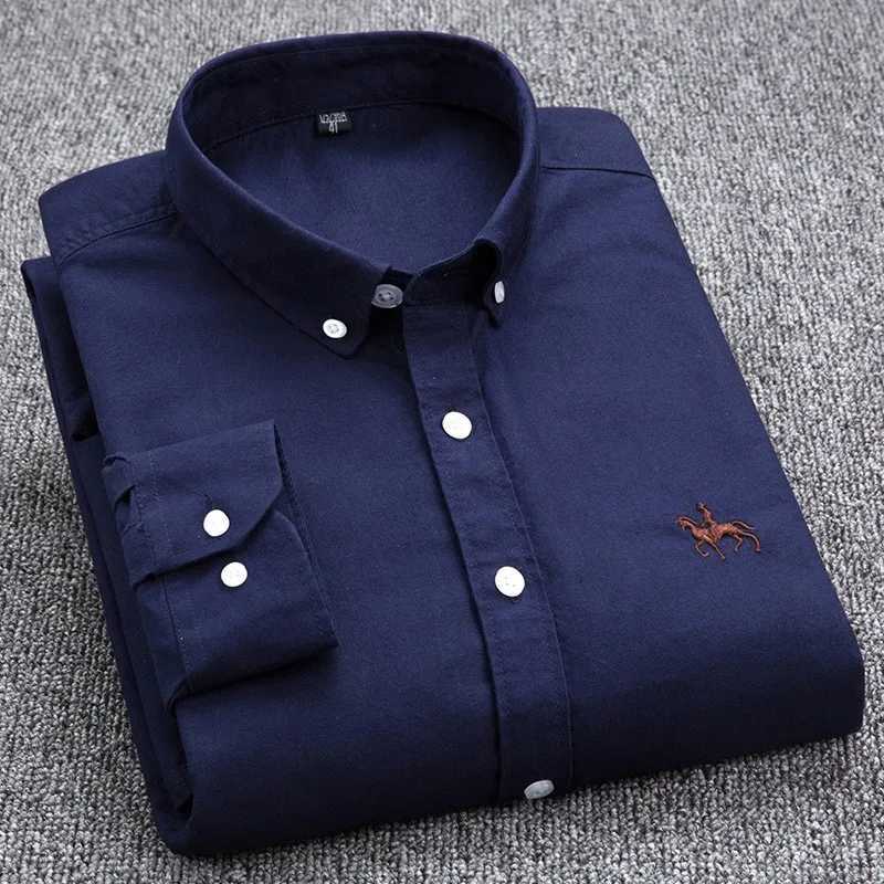 100% pure cotton Oxford mens long sleeved embroidered horse casual no pocket solid color dress mens plus size S-6XL X250329