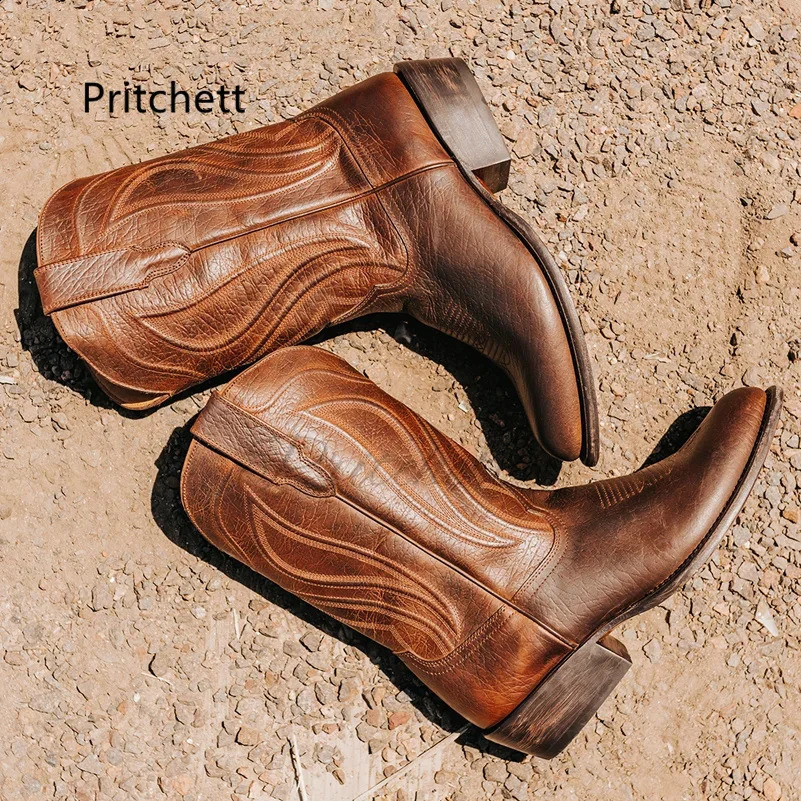 Totem Western Cowboy Boots for Men Vintage Mid-Calf Boots Pointed Toes Classical Mens Shoes Genuine Leather Winter Booties 240921