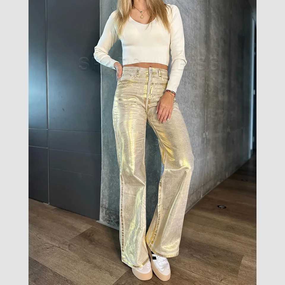 Metallic Y2K Advanced Sense Coating Casual Wide-leg Jeans Female Straight Jeans Loose Hip-hop Streetwear Oversize Denim TrousersX240923