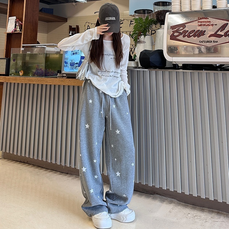 White wide women's bathroom autumn winter new item, printed star pants, high waisted loose and casual straight leg pants for walking