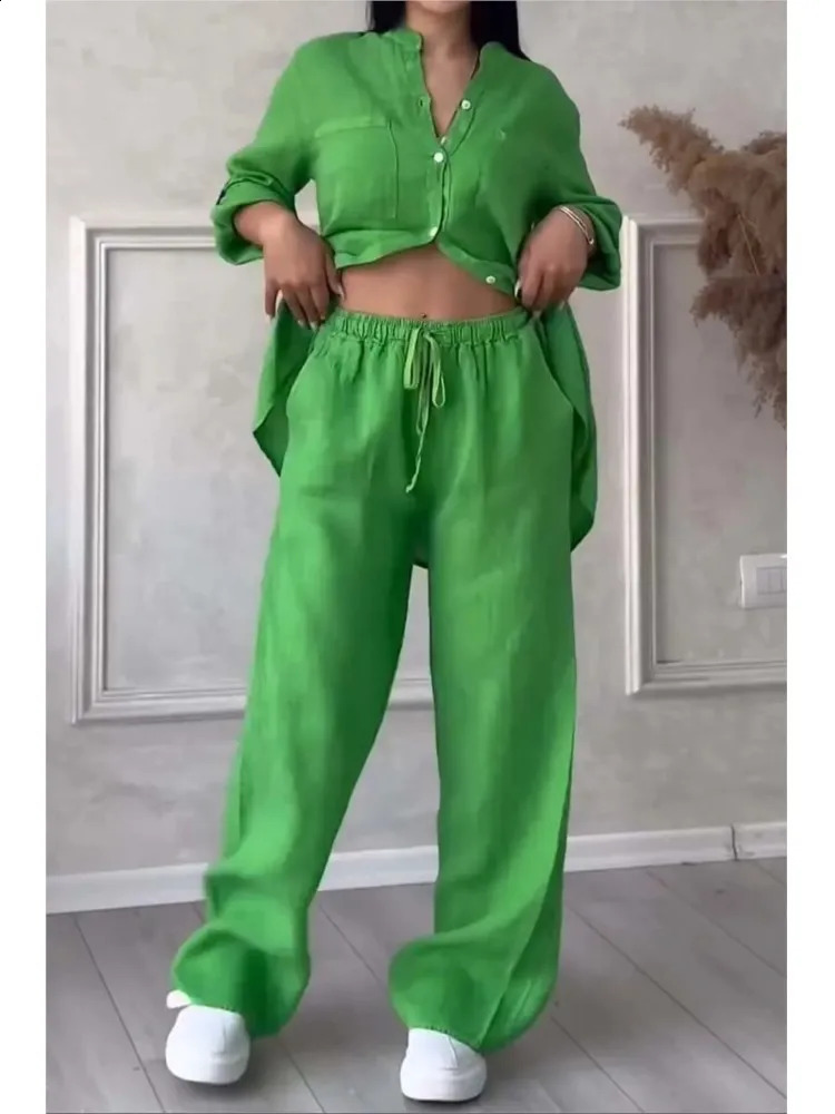 Cotton Linen Shirt Pants 2 Piece Set For Women 2024 Spring Autumn Long Sleeve Blouse Wide Leg Solid Suits Female Casual Outfits 240926
