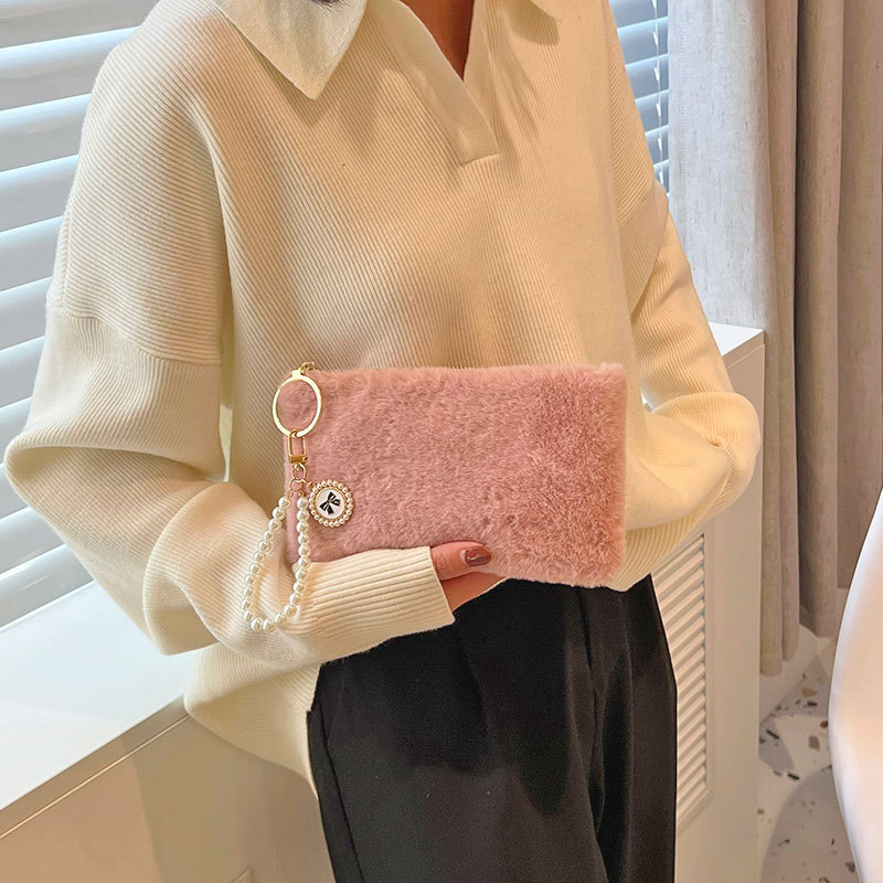 trend new designer wallet fur handbag small bag with phone key coin purse for girls portable wallet plush and fashionable wrist