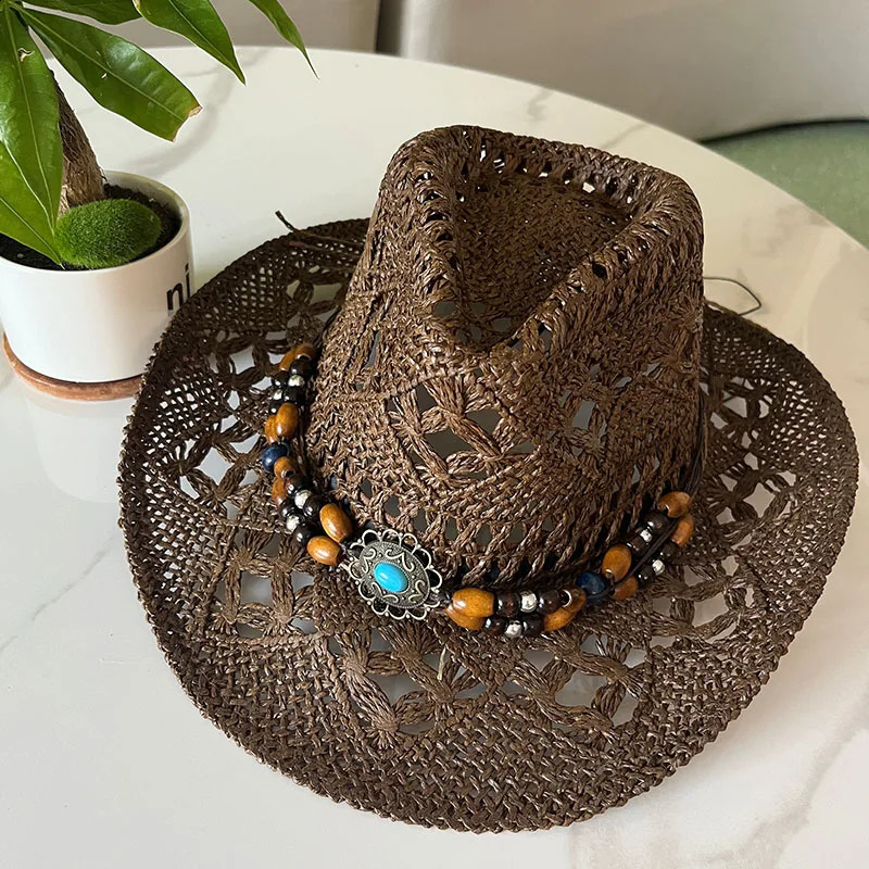 Vintage Summer Beach Bohemian Straw Hat Shell Womens Western Cowboy Hat Wooden Bead Hollow Sun Hat Holiday Hat 240924
