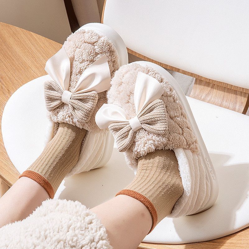 Winter Postpartum Shoes with Thick EVA Sole - Anti-Slip Warm Slippers with Bow Tie Design for Home Use