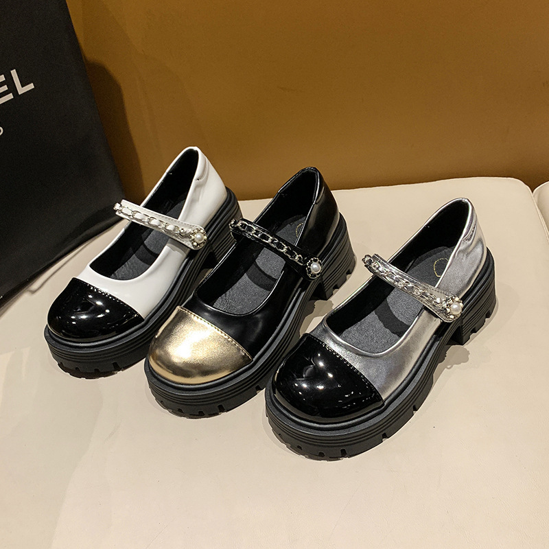 Mary Jane women's high heels new shallow mouth height increasing small size single shoes women's pearl thick heel thick soled leather shoes 