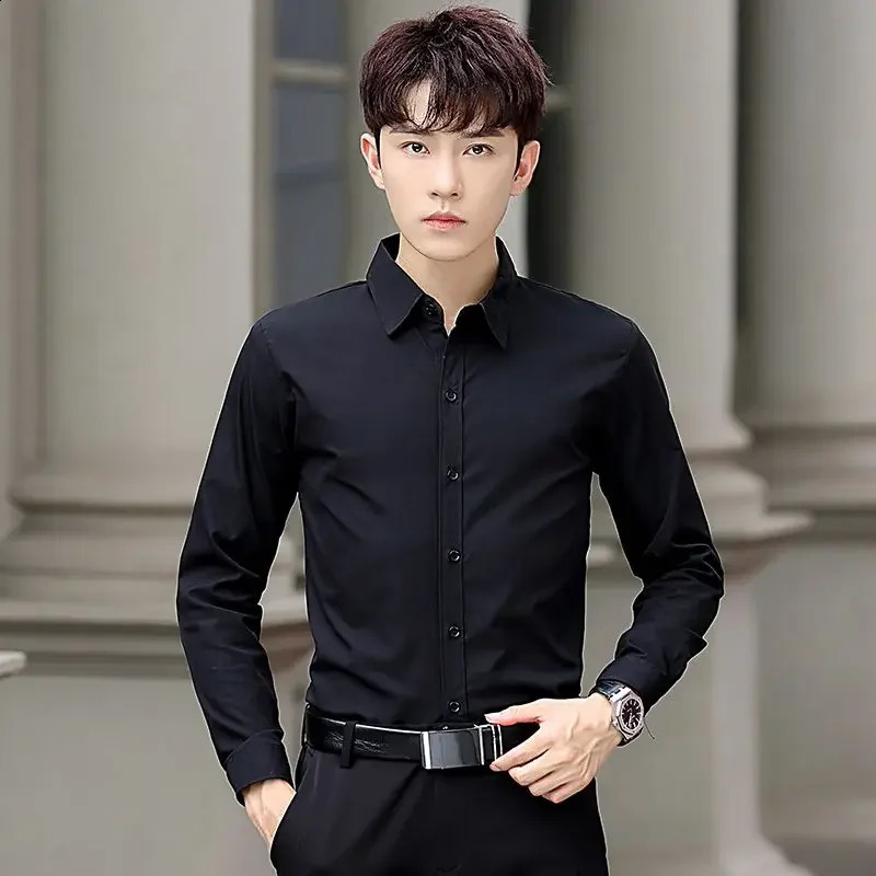Shirts For Men Formal Plain Office Dress Man Shirt Black Regular Button Up Things With Vintage Asia Summer Sleeves S 240925 - view 3