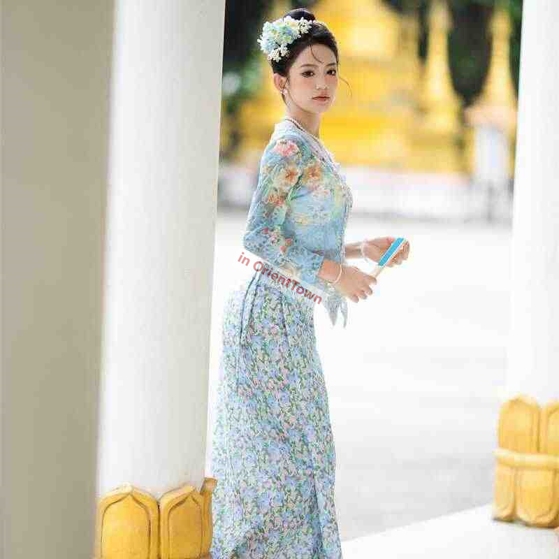 Singapore Little Nyonya Same Style Clothing Women Blue Floral Ethnic Travel Photography Dress Southeast Asian Trend Dai Top + Dress
