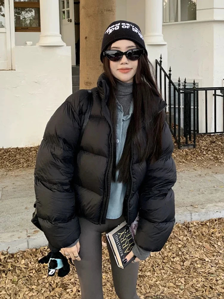 Zoki Vintage Women Streetwear Puffy Coats Winter Warm Long Sleeve Korean Parkas Casual Solid Simple Cotton Padded Down Jackets 240918