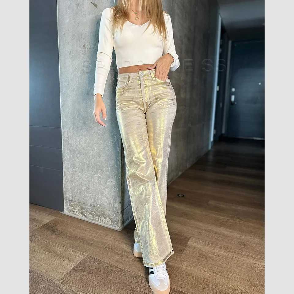 Metallic Y2K Advanced Sense Coating Casual Wide-leg Jeans Female Straight Jeans Loose Hip-hop Streetwear Oversize Denim TrousersX240923