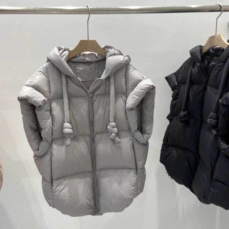 Lagabogy Winter Womens Chic Hooded Zipper Inflatable Coat 90% White Duck Down Vest Womens Casual Loose Sleeveless Warm Tank Top 240925