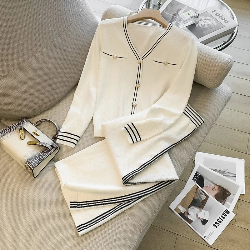Women Knitted 2 Piece Suit Sweater cardigan Top And Pant Two Set Matching Outfit Stripe Elegant Chic Winter Clothing 240925