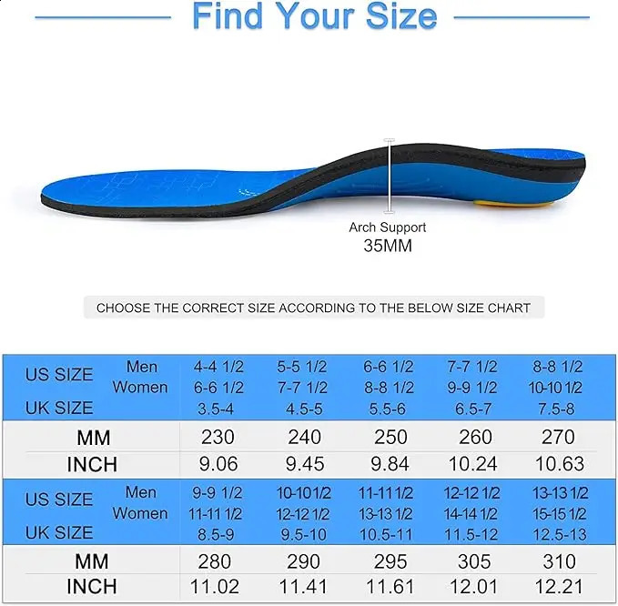 Sturdy arch support insert relieving foot fatigue and heel pain unisex bearing 220pounds arch support insert size UK 5 length 9. 240925