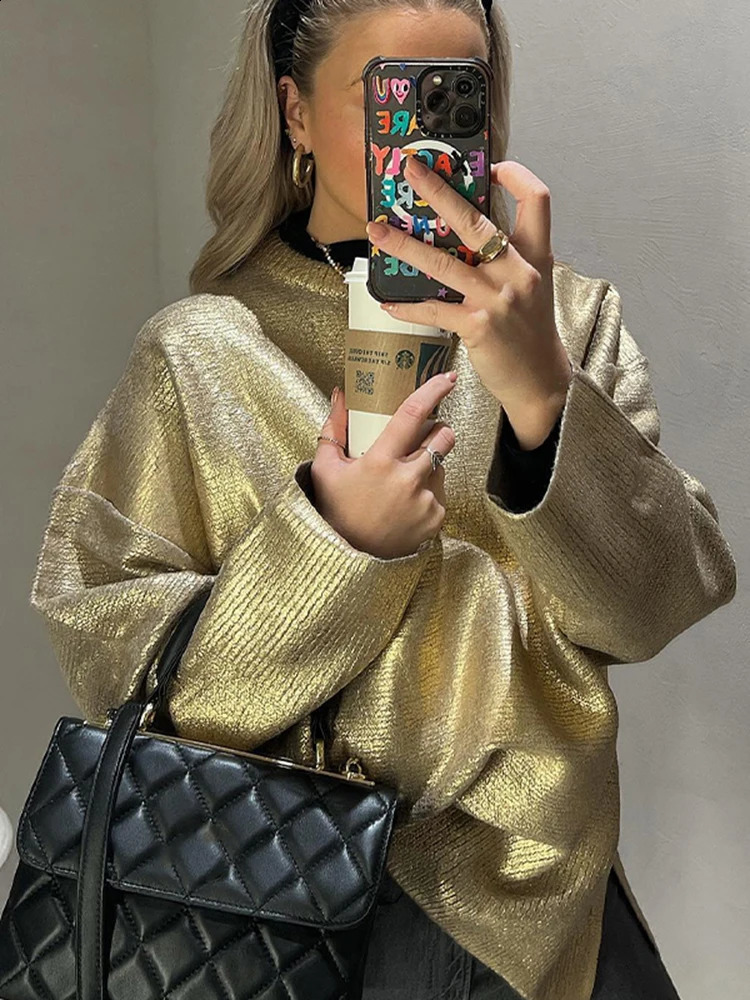 Knitted Solid Women Top Sweater Long Sleeve Split Female Pullover 2024 Autumn Fashion Loose O Neck Golden Female Shinny Sweaters 240925