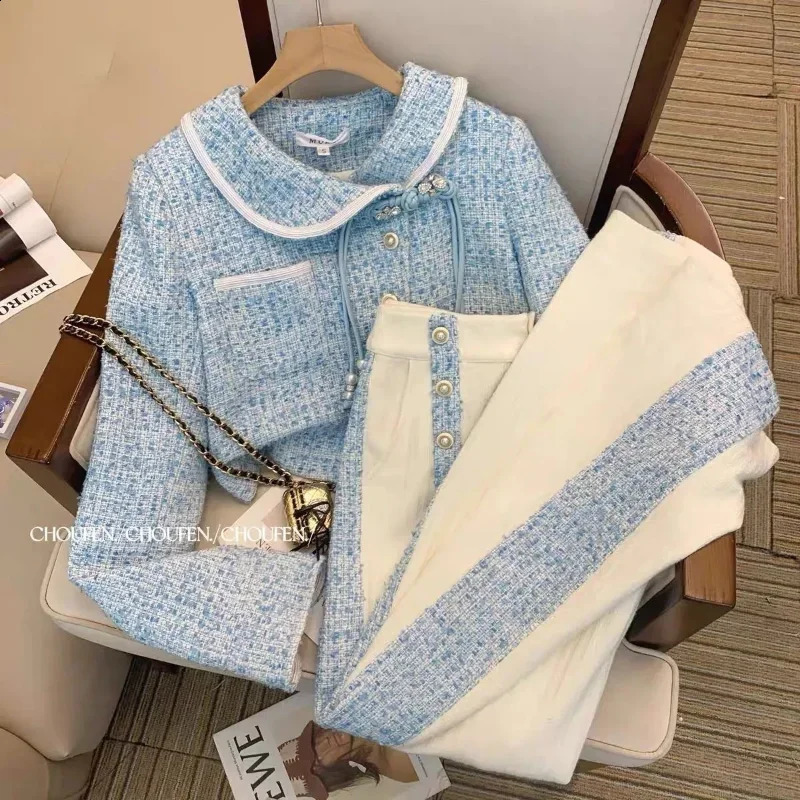 Spring Fashion Elegant Peter Pan Collar Chic Tassel Vintage Women Coat Blue Tweed Jacket High Waist Long Pants Two Pieces 240926