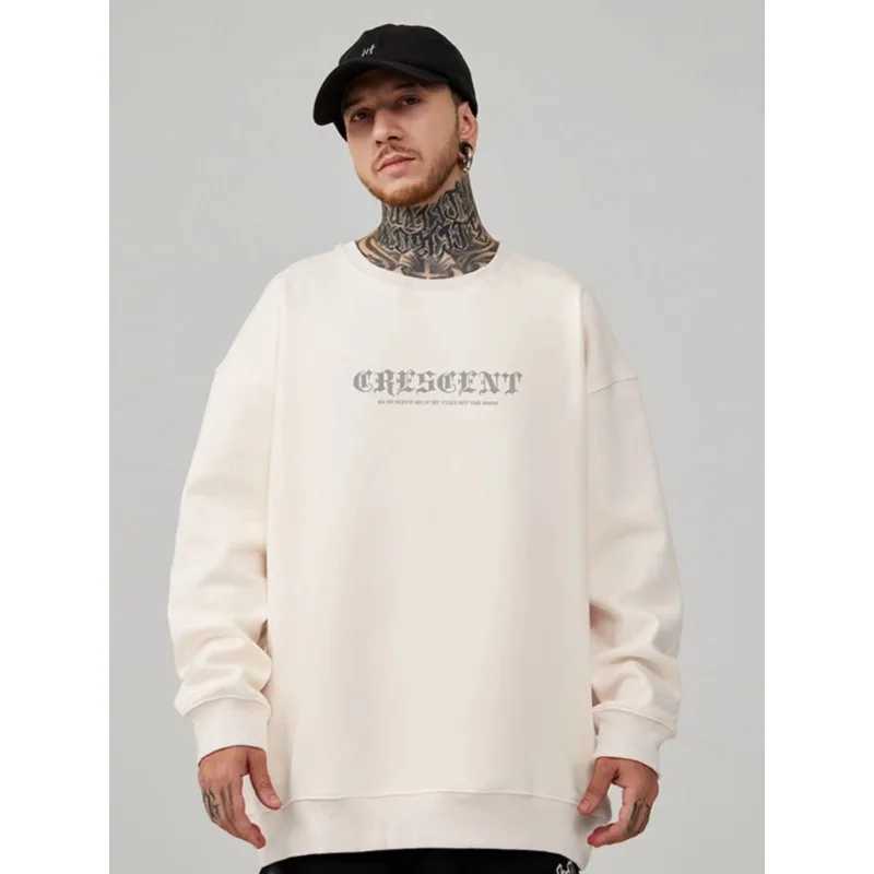 M-8XL Mens Street Sickle Moon Print Oversized Student Leisure Unisex Sweatshirt American Retro Youth Round Neck Sweater XJ250621